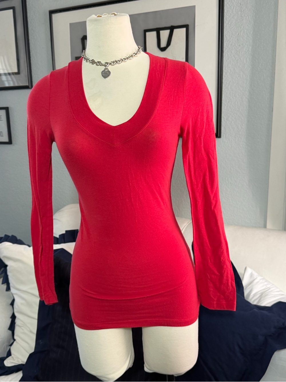 Wet Seal Fitted Red Henley Style Long Sleeve Tee XS